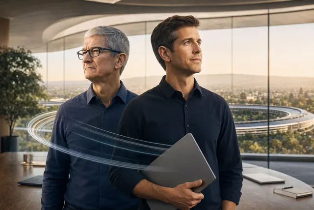 Editorial illustration representing Apple’s 2026 leadership transition from Tim Cook to John Ternus