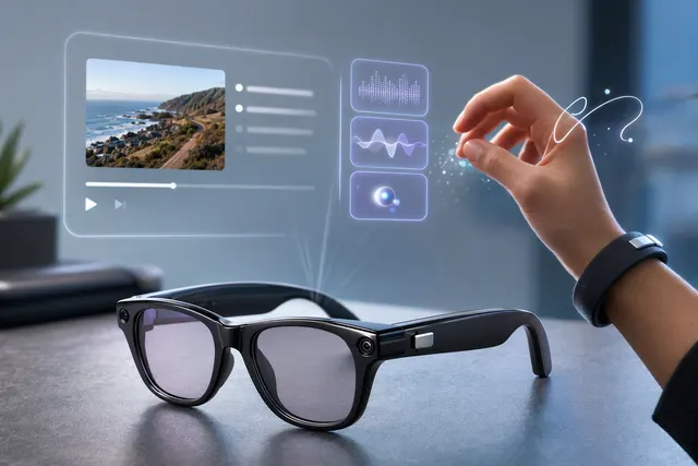 Illustration of Meta Ray-Ban Display smart glasses showing an in-lens interface and AI features
