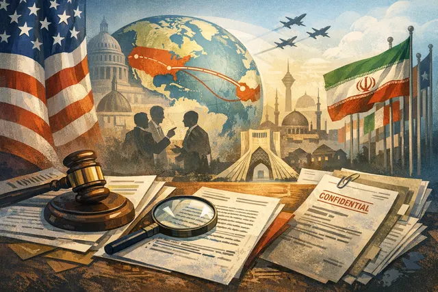 An AI-generated editorial illustration showing a large crowd and flags at a state funeral in Tehran, with a silhouette of Ayatollah Ali Khamenei.