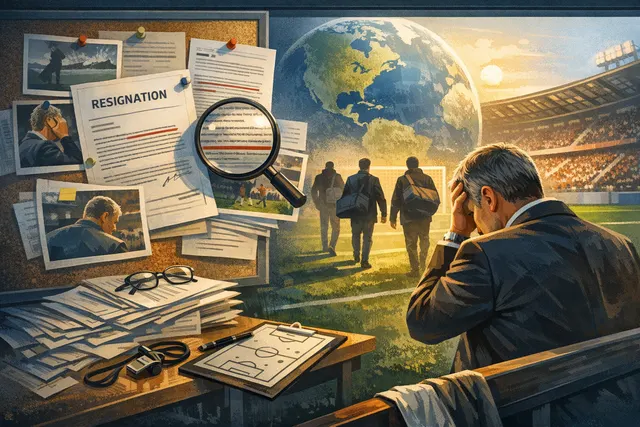 Editorial hero image for the 2026 World Cup coaching exodus article, showing a football stadium and silhouettes of managers