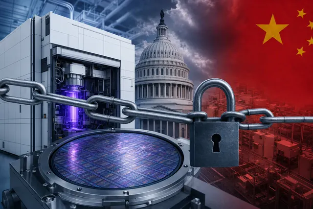 Illustration representing immersion DUV lithography equipment and semiconductor export restrictions involving China
