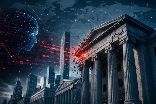 Abstract digital banking network under cyberattack, representing AI-powered threats to financial infrastructure