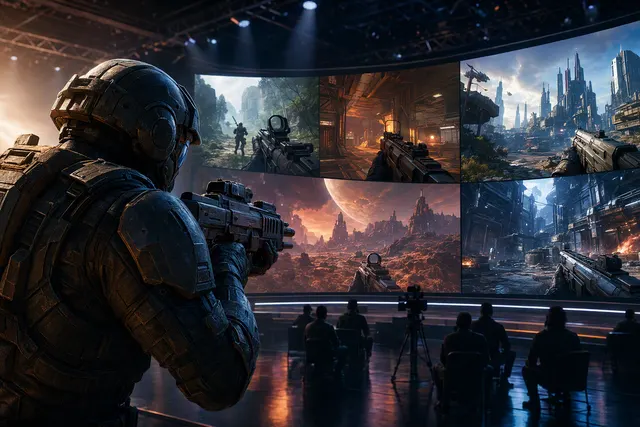 Editorial illustration representing a first-person shooter game showcase