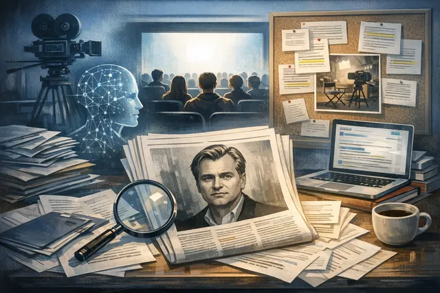 Christopher Nolan sitting for an interview, referencing AI and young audiences in his July 2026 Telegraph conversation