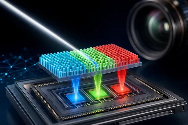 Illustration of nanophotonic color‑splitting technology directing light into different pixels in an image sensor