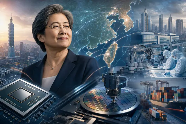 Editorial illustration about AMD CEO Lisa Su’s efforts to expand AI chip supply through partners in Taiwan and South Korea