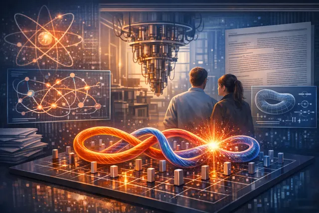 Conceptual visualization of non-Abelian anyons being braided and fused on a trapped-ion quantum processor, representing universal topological quantum gates
