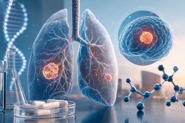 Editorial illustration of targeted treatment research for ROS1-positive non-small cell lung cancer