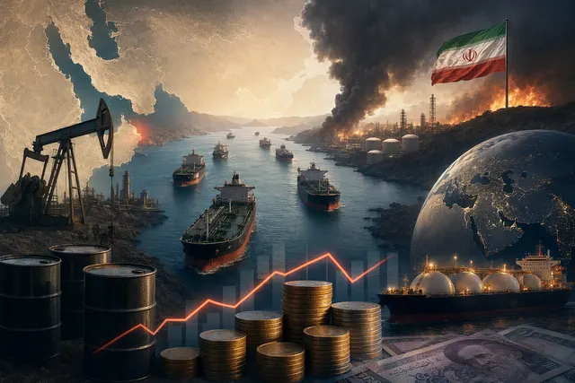 Illustration of oil shipping disruption and rising energy prices around the Strait of Hormuz
