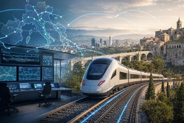 AI-generated editorial illustration representing a European rail technology deal and digital train signaling systems