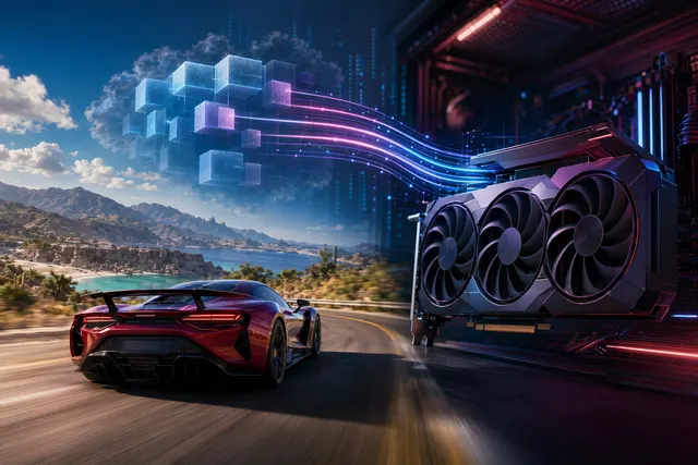 Illustration of Microsoft Advanced Shader Delivery pipeline sending precompiled shaders to a gaming PC GPU