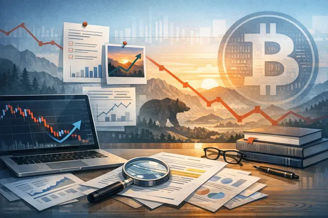 Abstract representation of a Bitcoin chart with two diverging price prediction paths, contrasting bull and bear forecasts.