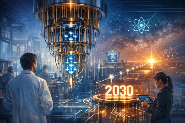 Foxconn quantum computing roadmap visualization showing trapped-ion architecture evolution from near-term prototypes to 2030 commercialization targets.