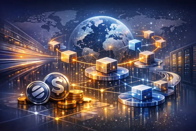 Conceptual illustration of stablecoin infrastructure connecting payment networks, blockchains, e-commerce, and privacy protection.