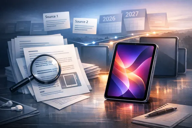 An artistic rendering of an iPad mini with a glowing OLED display representing Apple's upcoming 2026 redesign.