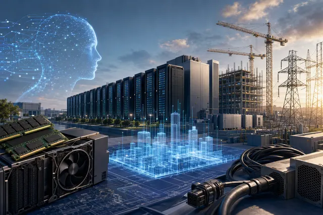 Editorial illustration representing AI data-center infrastructure and the networks connecting it.