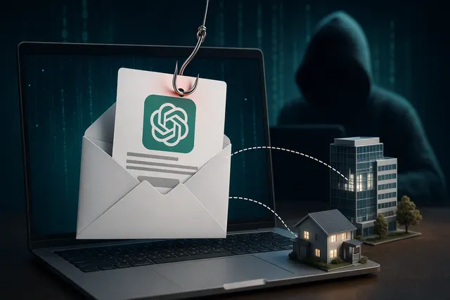 Editorial illustration of a fraudulent ChatGPT billing email leading to a phishing login page
