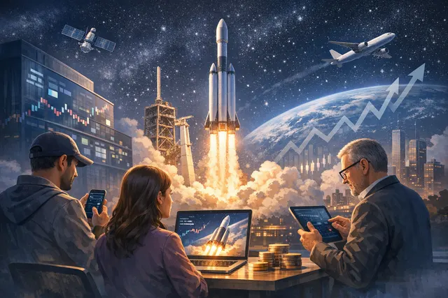 SpaceX IPO global retail access pathways illustrated with a rocket and interconnected digital nodes