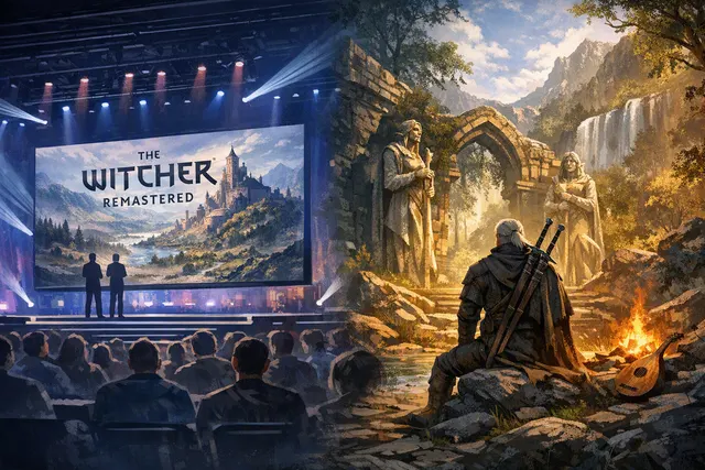Geralt of Rivia in a dark fantasy landscape representing The Witcher 3 Remastered and Songs of the Past