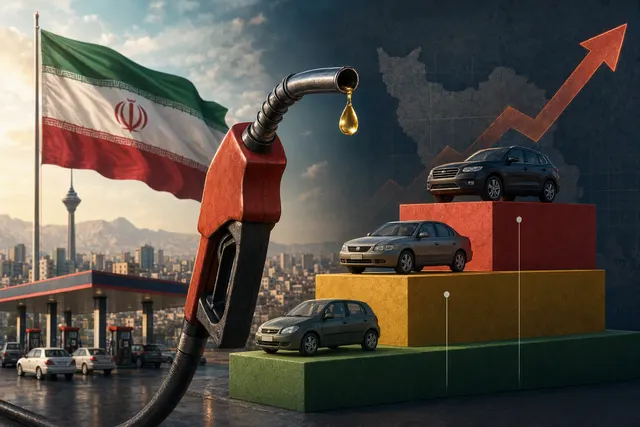 Editorial illustration of Iran’s tiered petrol pricing and the economic pressure surrounding fuel subsidies