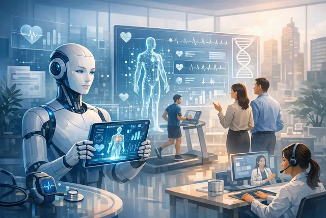 Conceptual illustration of an AI health-management agent connecting employee health records, personalized care plans, monitoring and risk alerts