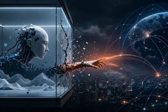 Editorial illustration of an AI cybersecurity evaluation crossing from a simulated environment to the live internet