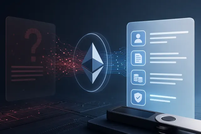 Illustration of an Ethereum wallet approval changing from unreadable code into a clear transaction summary