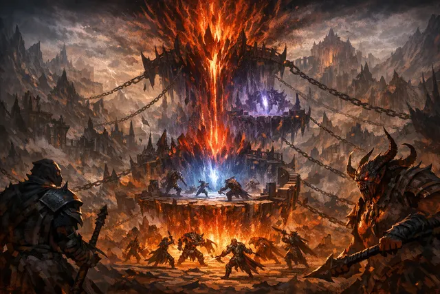 Diablo 4 Season 14 PTR teaser artwork showing Sanctuary torn by Pandemonium Ruptures with a new Risen monster and the Corrupted Reaper boss