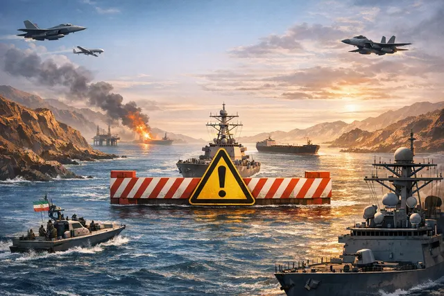 An oil tanker navigating the Strait of Hormuz amidst geopolitical tensions.