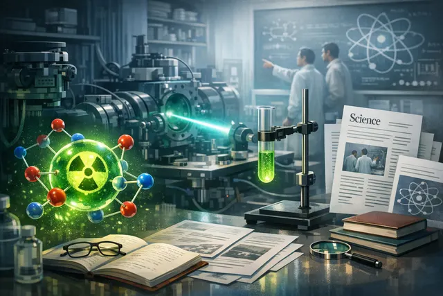 Conceptual illustration of a tabletop laboratory setup producing cold radium molecules, with a pear-shaped atomic nucleus and laser beams