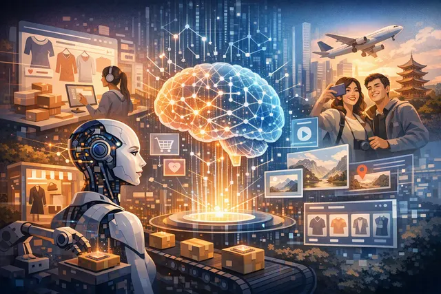 Abstract editorial illustration of Chinese consumer internet platforms developing multimodal AI foundation models