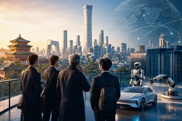 Editorial illustration of international visitors exploring China’s advanced manufacturing and robotics ecosystem