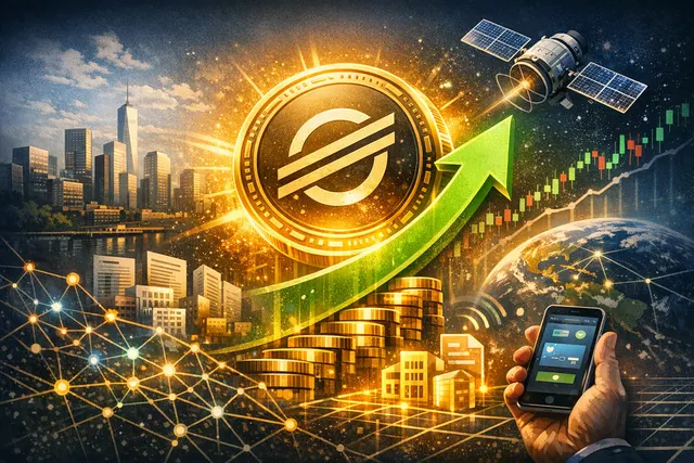 Abstract visualization of Stellar XLM's 15% price rally, depicting interconnected financial nodes and an upward-trending market chart.