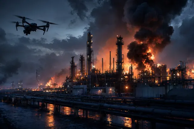 Illustration of long‑range drones striking industrial and military targets inside Russia during the May 2026 attacks