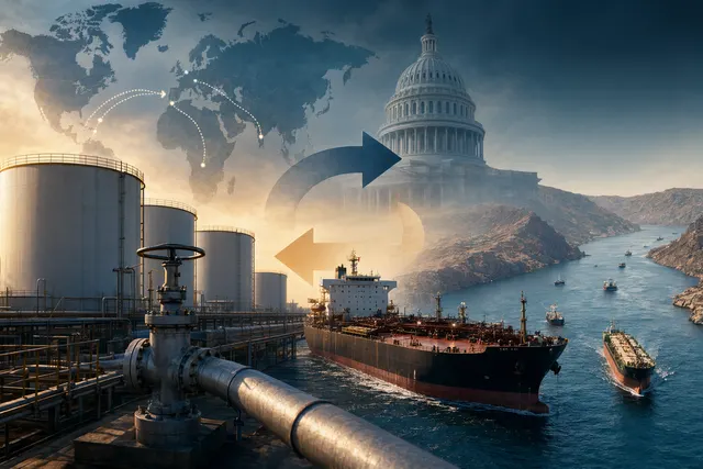 Illustration of oil storage tanks and tanker routes representing U.S. Strategic Petroleum Reserve releases during a Strait of Hormuz disruption