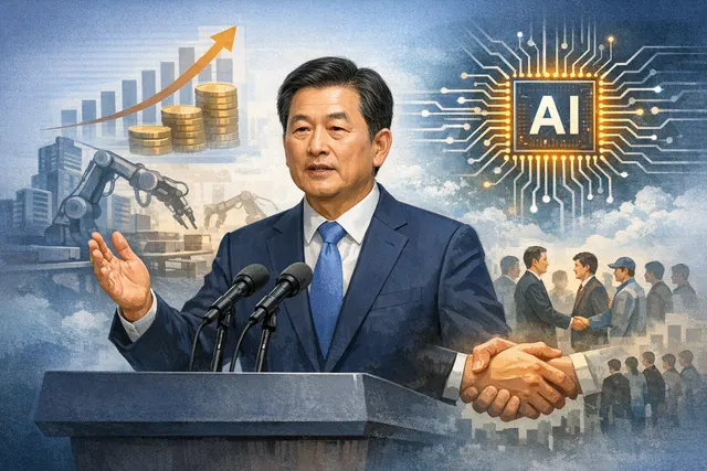 Illustration of South Korean Labour Minister's proposal for sharing AI and semiconductor profits with the public, featuring symbolic chip technology, currency, and civic concepts.