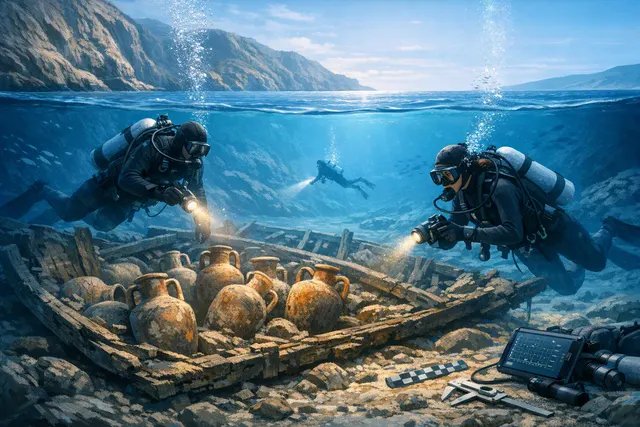 Illustration of divers documenting ancient amphorae on the seabed at the Andros shipwreck