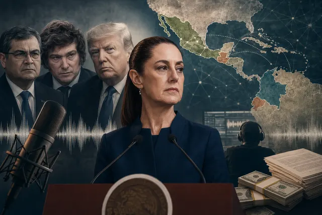 AI-generated editorial illustration about Hondurasgate audio-leak allegations involving Mexico and Colombia