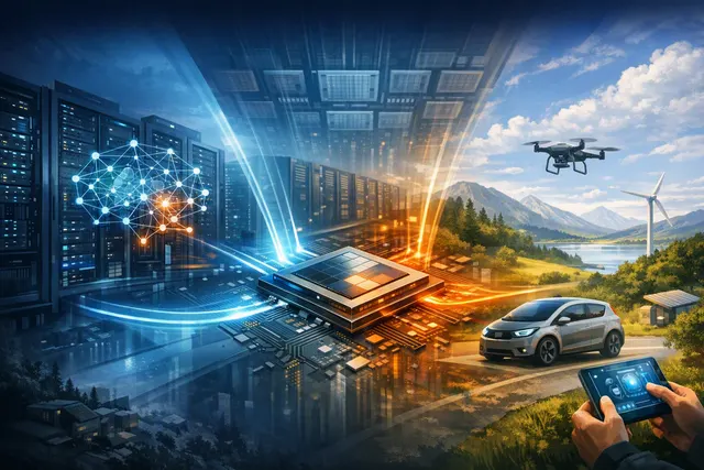 Editorial illustration of Intel’s Diamond Rapids, Crescent Island and Wildcat Lake architectures scaling agentic AI from data centers to edge devices