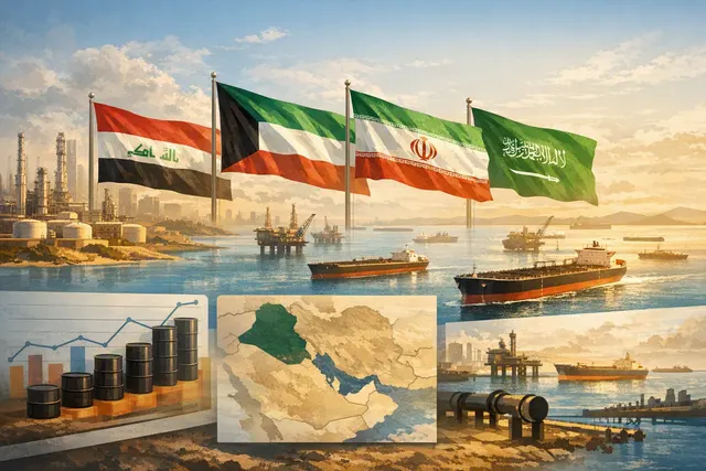 AI-generated editorial illustration showing a stylized map of the Persian Gulf and Strait of Hormuz, with oil tanker silhouettes, blockade symbols, and a red warning overlay repres