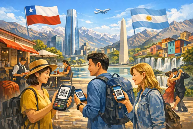 Illustration of a mobile phone scanning a QR code at a merchant counter in a Latin American city, with flags of Asian and European countries in the background, representing Alipay+