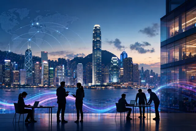 Illustration of Hong Kong skyline with technology startup funding charts and venture capital symbols