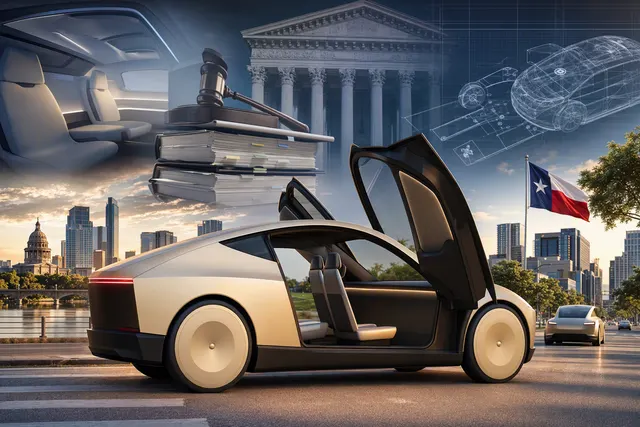 Editorial illustration of Tesla’s Cybercab robotaxi and the U.S. vehicle-safety regulatory debate