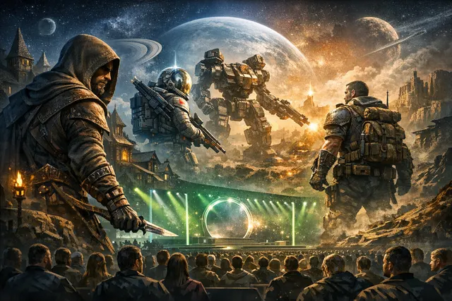 Illustration of The Elder Scrolls Online Thieves Guild Season One key art and Fallout 76 Infestations update logo from the Xbox Games Showcase 2026.