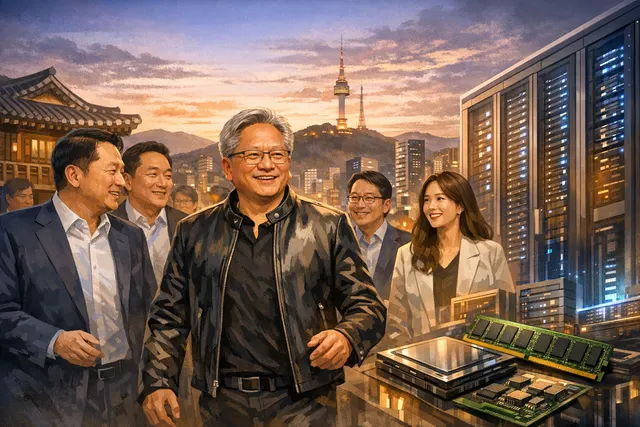 Jensen Huang and SK Group Chairman Chey Tae-won shaking hands in front of an AI data center server farm, symbolizing the Nvidia-SK Hynix partnership