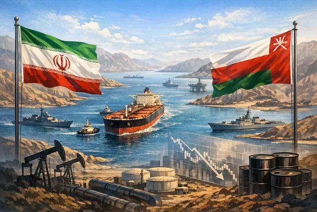 Illustration of oil tankers navigating the Strait of Hormuz during Iran-Oman talks