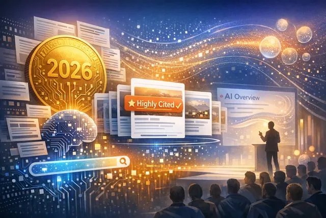 Illustration of Google AI search features with publisher-centric badges for preferred sources and highly cited articles