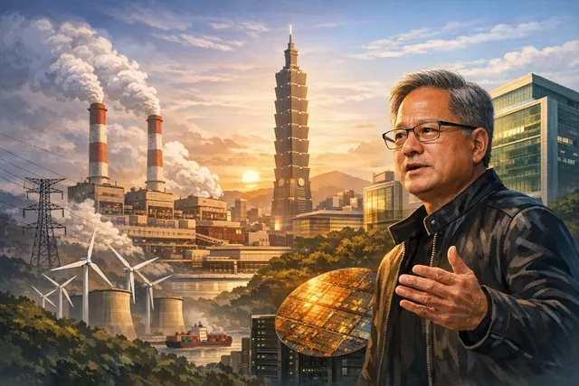 Nvidia CEO Jensen Huang speaking at a podium with a backdrop of AI circuitry and Taiwanese tech infrastructure, symbolizing the intersection of energy demand and AI growth