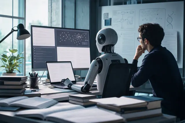 Editorial illustration representing AI agents assisting research workflows