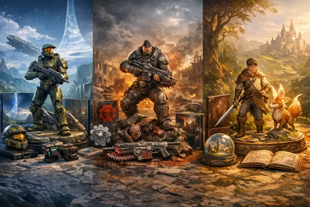Collector's Edition boxes for Halo: Campaign Evolved, Gears of War: E-Day, and Fable displayed at the Xbox Games Showcase 2026.